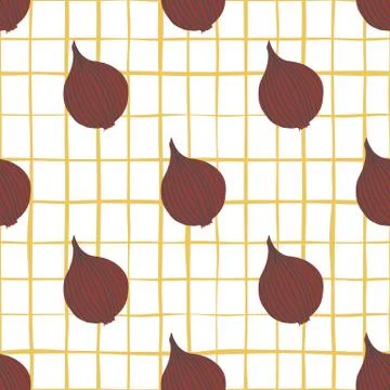 Doodle onion seamless pattern on stripes background. Organic texture. Illustrazione stock