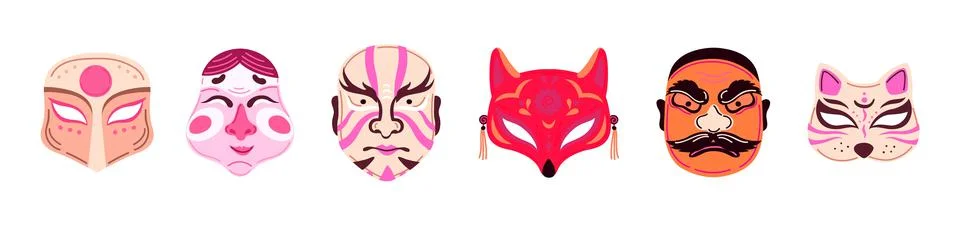 Doodle oriental style abstract masks. Angry mascot, cat and fox mask. Decorative Stock Illustration