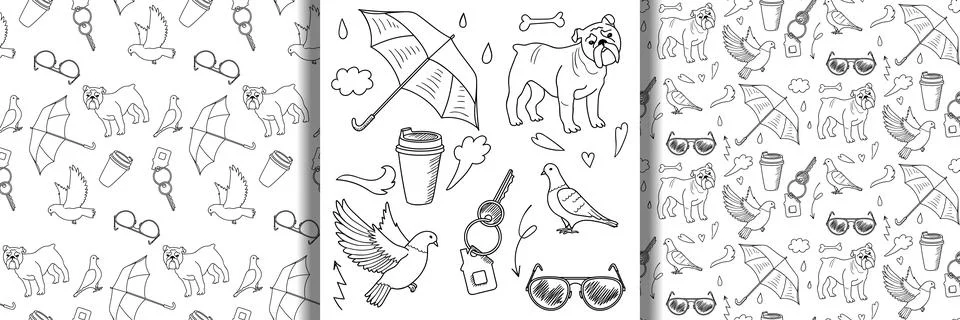 Doodle outdoor objects set and seamless patterns Stock Illustration