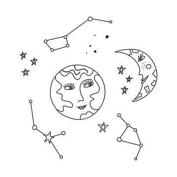 Doodle outer space print with Moon and Earth faces Stock Illustration