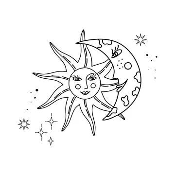 Doodle outer space print in whimsical boho style with Moon and Sun faces Stock Illustration