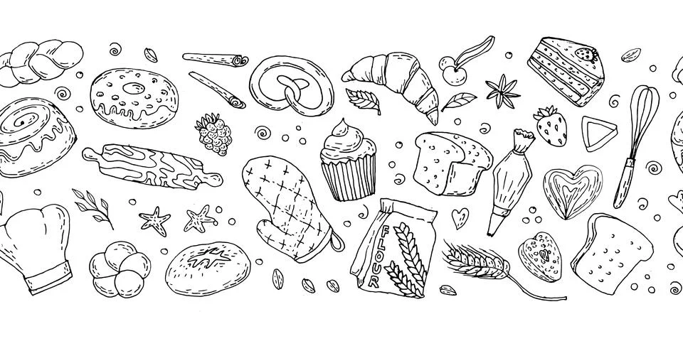 Doodle outline bakery border background with kitchen elements and pastry icon Stock Illustration