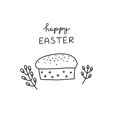 Doodle outline Easter kulich cake and lettering. Stock Illustration