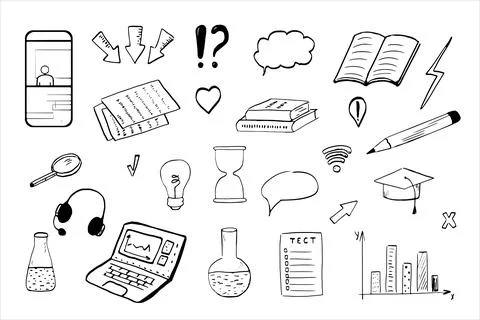 Doodle outline education e-learning icons including laptop, phone, pencil, he Stock Illustration