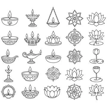 Doodle Outline Icons Set Featuring Traditional Oil Lamps and Lotus Flowers .. イラスト素材
