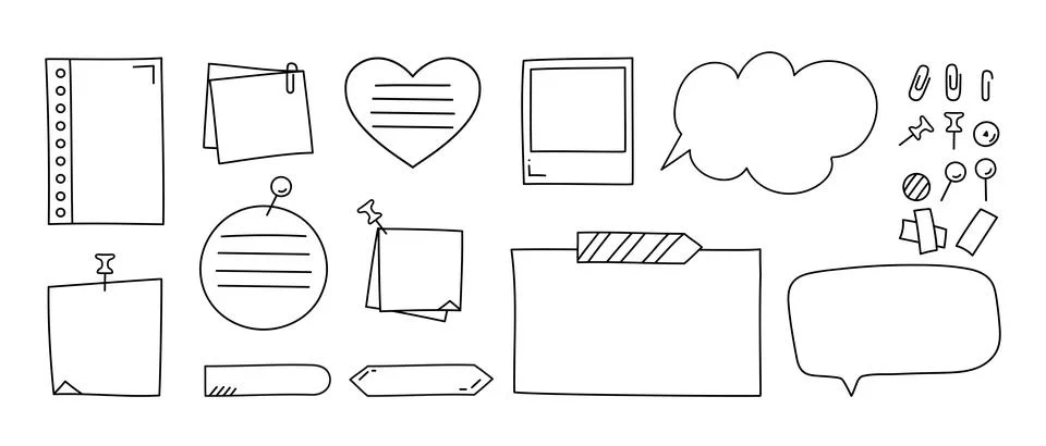 Doodle paper notes. Paper sheets, stickers, pins and speech bubbles Illustrazione stock