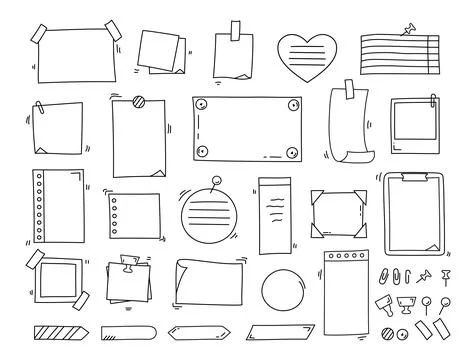 Doodle paper notes set. Paper sheets, stickers, notepads and pins Illustrazione stock