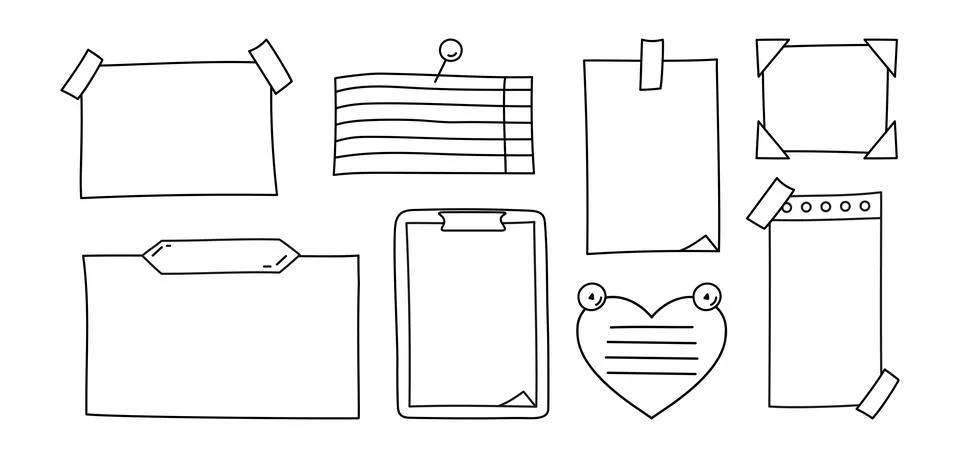 Doodle paper notes set. Paper sheets, stickers and pins Stock Illustration