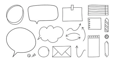 Doodle paper notes set. Paper sheets, speech bubbles, bookmarks, pins 库存插图