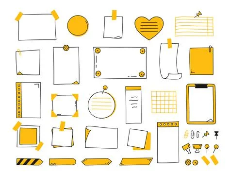 Doodle paper notes set in yellow color. Paper sheets, stickers, notepads Stock Illustration