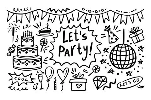 Doodle party elements Hand drawn set. Sketch icons for invitation, flyer, poster Stock Illustration