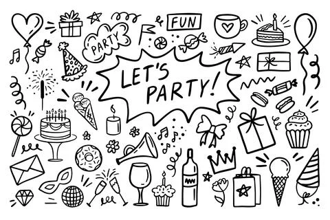 Doodle party elements Hand drawn set. Sketch icons for invitation, flyer, poster Stock Illustration