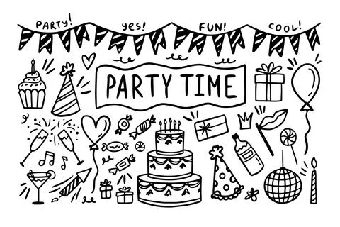 Doodle party elements Hand drawn set. Sketch icons for invitation, flyer, poster 스톡 일러스트