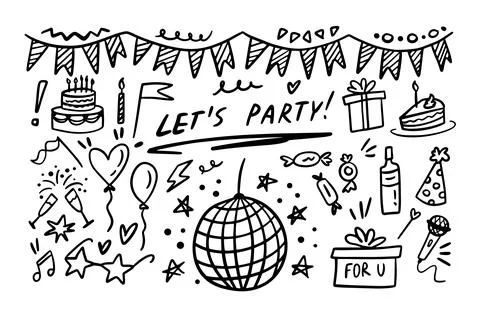 Doodle party elements Hand drawn set. Sketch icons for invitation, flyer, poster 스톡 일러스트
