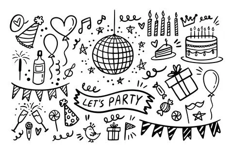 Doodle party elements Hand drawn set. Sketch icons for invitation, flyer, poster Stock Illustration