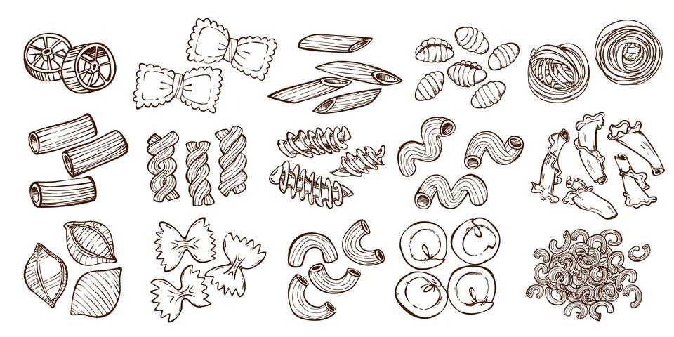 Doodle pasta set of different shapes Stock Illustration