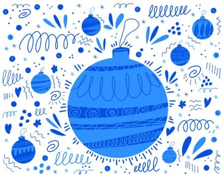 Doodle pattern background with blue christmas tree toys and abstract elements イラスト素材