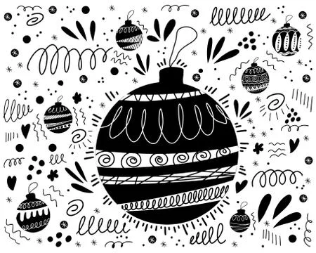 Doodle pattern background with Christmas tree toys and abstract elements. Ill Stock Illustration