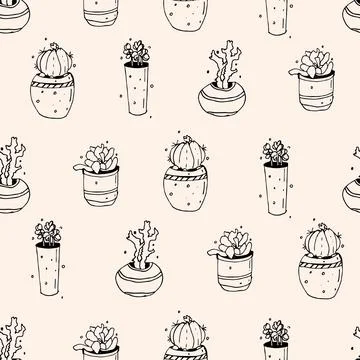 Doodle pattern with black and white cactus and succulents on pink background. Stock Illustration