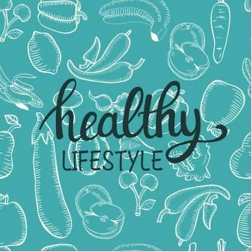 Doodle pattern hand drawn Organic fruits and vegetables and  Lettering text Stock Illustration