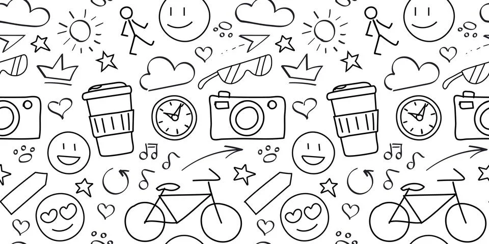 Doodle pattern Joys - coffee, smiling and love emoticons. Hobbies - cycling Illustrazione stock