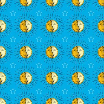 Doodle pattern. Styling the hand drawing. Hand drawn sun and moon seamless pa Stock Illustration