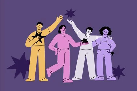 Doodle people group. Young creative specialists team, funny guys, girls and boys Stock Illustration
