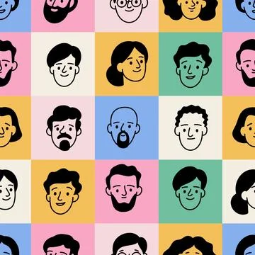 Doodle people seamless pattern. Hand drawn human characters, repeated color Stock Illustration