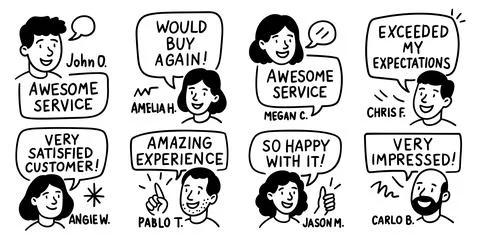 Doodle people set with speech bubbles and review quotes hand drawn characte.. Stock Illustration