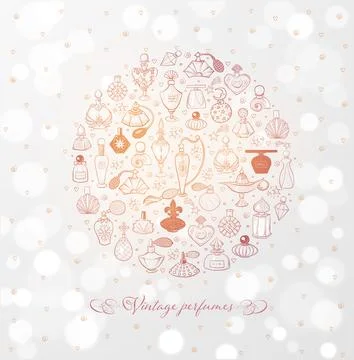 Doodle perfume bottles in circle on white glowing background. Vector sketch Illustrazione stock