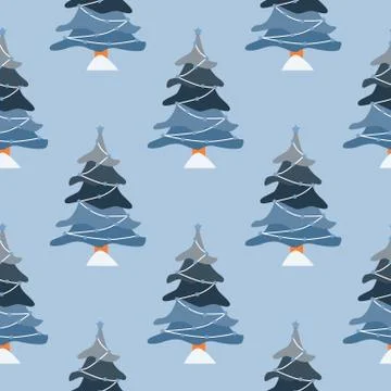 Doodle pine trees background. Christmas winter forest landscape seamless patt Stock Illustration
