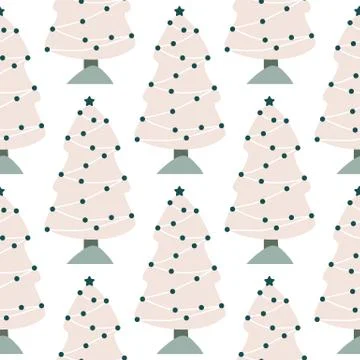 Doodle pine trees background. Christmas winter forest landscape seamless patt Stock Illustration