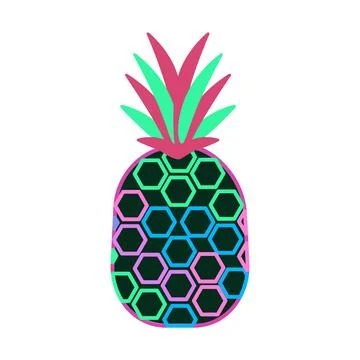 Doodle pineapple. Modern fruit with colored leaves. Isolated illustration on a Stock Illustration
