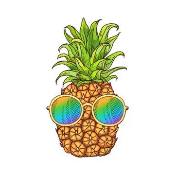 Doodle pineapple or ananas fruit icon in sunglasses vector illustration isolated Stock Illustration