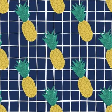 Doodle pineapple seamless pattern on lines background. Summer tropical fruits Stock Illustration
