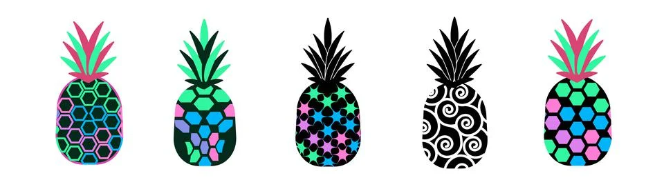 Doodle pineapple set. Modern fruit collection. Isolated illustrations on a white Stock Illustration