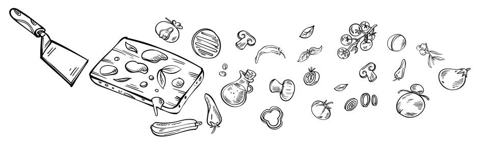 Doodle Pizza Pattern Background. Horizontal Hand-Drawn Vector Artwork Ilustração Stock