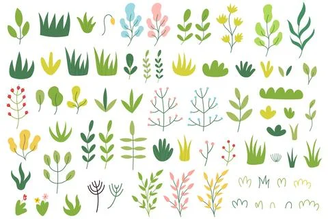 Doodle plants bundle in cartoon style. Grass, sprouts and leaves big collection Stock Illustration
