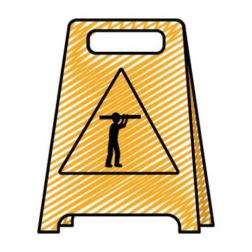 Doodle plastic caution emblem and laborer with equipment Stock Illustration