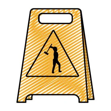 Doodle plastic caution emblem and laborer with mallet Stock Illustration