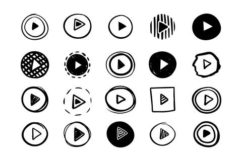 Doodle play icon button collection drawing cartoon style Stock Illustration
