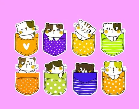 Doodle pocket cats. Kitten in pockets, happy cartoon cute cat Stock Illustration