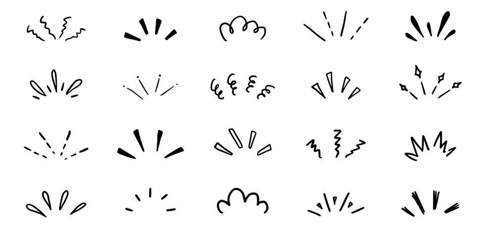 Doodle pop surprise line elements. Hand drawn shine sunburst ray frame for title Stock Illustration