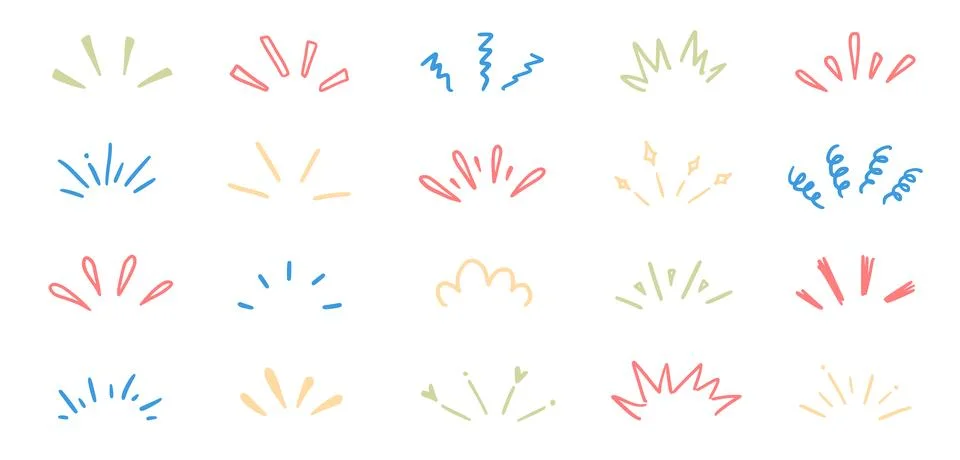 Doodle pop surprise line elements. Hand drawn shine sunburst ray frame for title Stock Illustration
