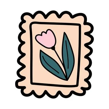 Doodle postage stamp with tulip. Postal vintage element. Mail icon. Stock Illustration
