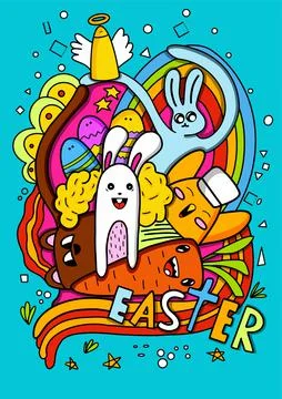 Doodle postcard happy easter with animals and carrots Stock Illustration