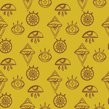 Doodle Psychedelic Eyes Seamless Pattern. Boho Occult Wallpaper and textile 스톡 일러스트