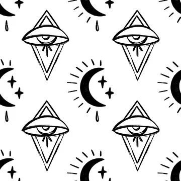 Doodle Psychedelic Eyes Seamless Pattern. Boho Occult Wallpaper and textile Stock Illustration