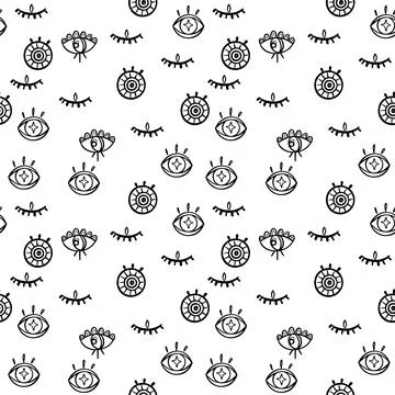 Doodle Psychedelic Eyes Seamless Pattern. Boho Occult Wallpaper and textile Stock Illustration
