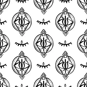 Doodle Psychedelic Eyes Seamless Pattern. Boho Occult Wallpaper and textile Stock Illustration